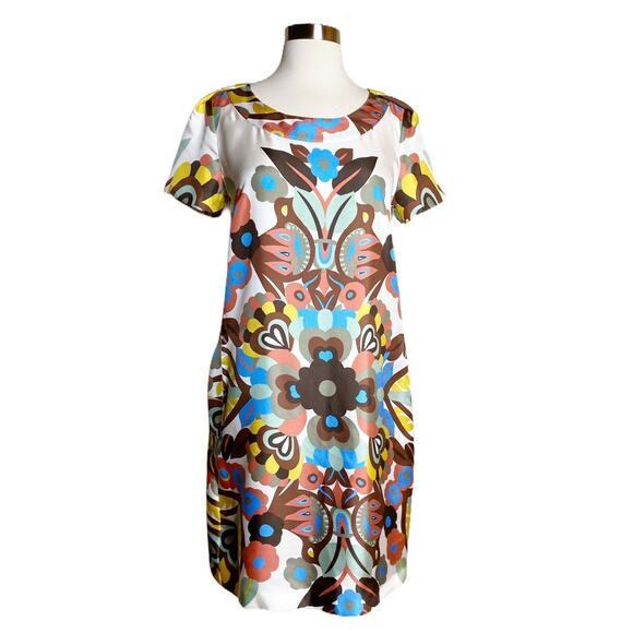 SEE BY CHLOE Silk Dress Short Sleeves Abstract Floral Shift Ivory 70s 6 /42 EUC - Picture 9 of 9
